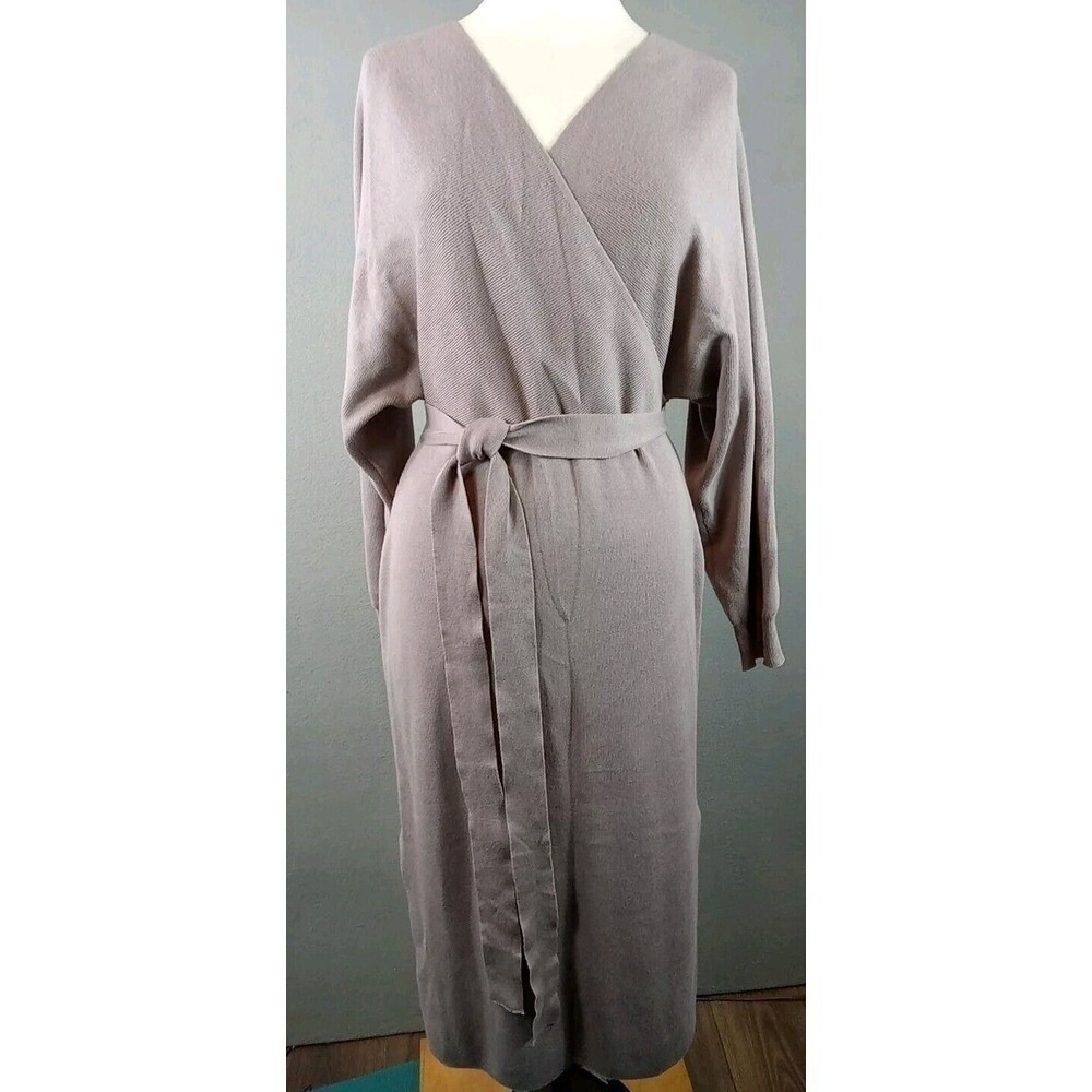 Ribbed Sweater Dress Women's Size L V-Neck  Front Back Viscose Long Slv Boho